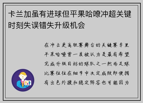 卡兰加虽有进球但平果哈嘹冲超关键时刻失误错失升级机会