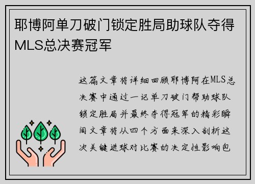 耶博阿单刀破门锁定胜局助球队夺得MLS总决赛冠军